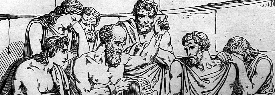 Circa 410 BC, The Greek philosopher Socrates (469 - 399 BC) teaches his doctrines to the young Athenians whilst awaiting his execution. Original Artwork: An engraving after a painting by Pinelli. (Photo by Hulton Archive/Getty Images)